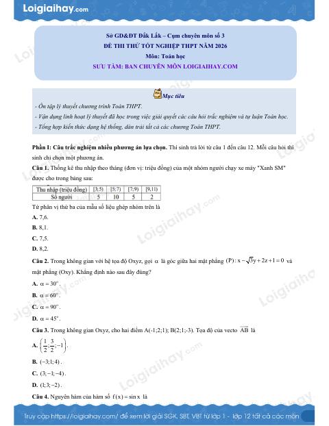 Đề thi thử Toán THPT năm 2026 cụm 9 Đắk Lắk